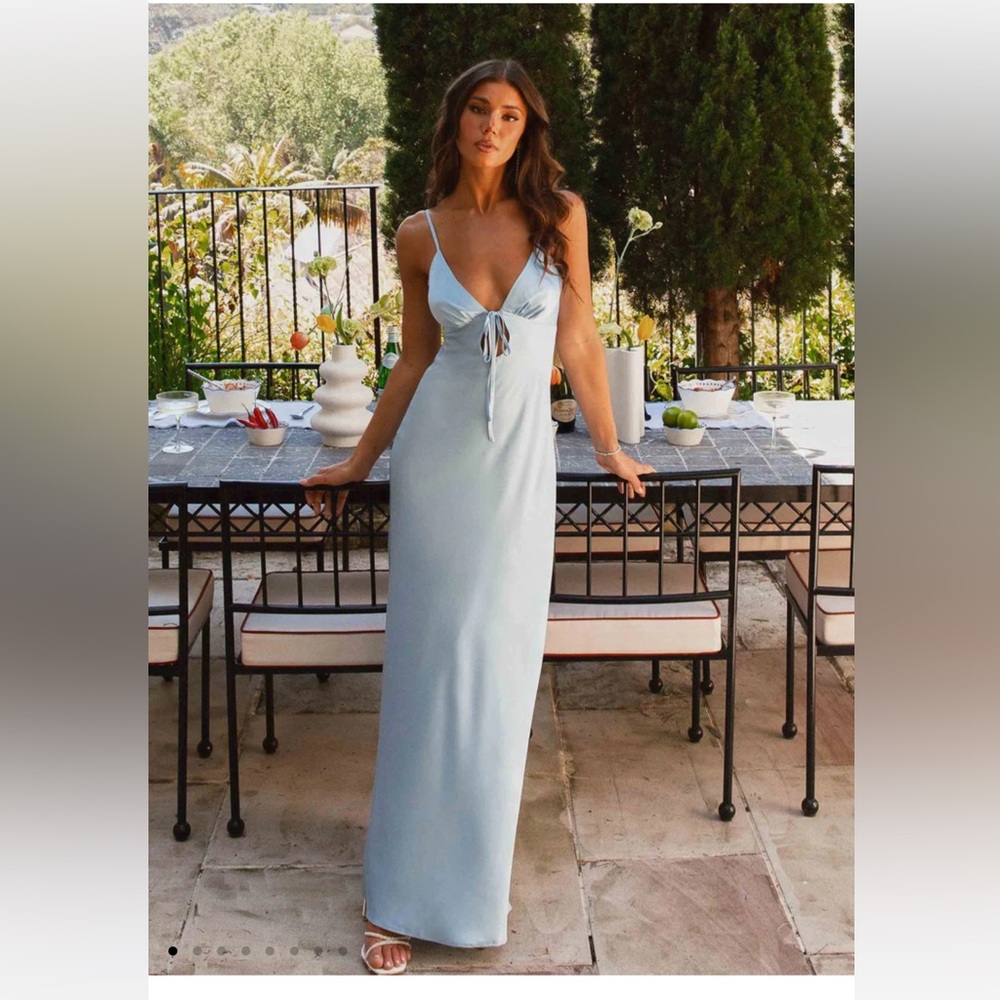 Peppermayo Sky Blue Spaghetti Strap Tie-Front Maxi Dress